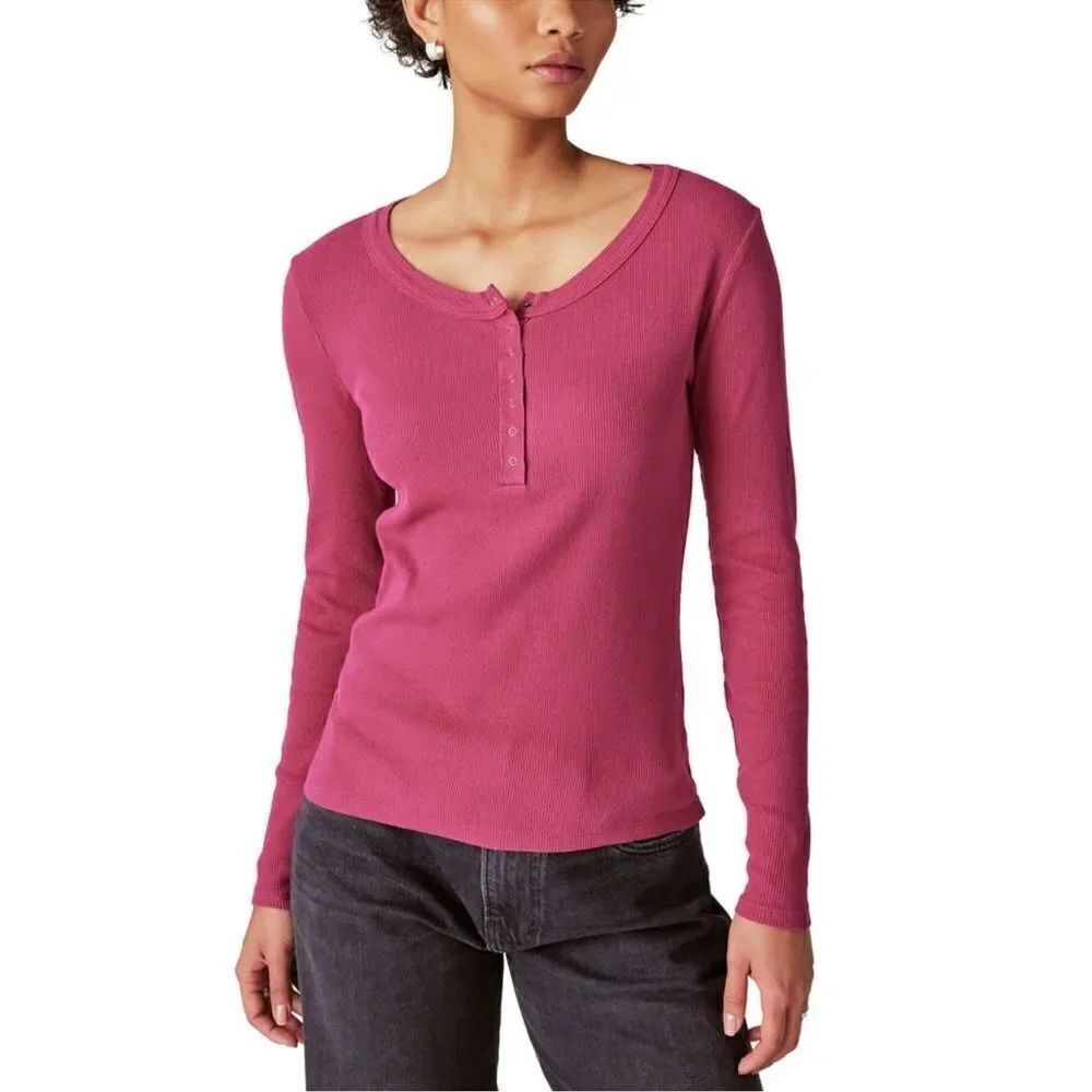 Lucky Brand XL Anemone Deep Pink Long Sleeve Ribbed Knit Snap Cotton Henley